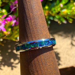 Handcrafted Tungsten & Emerald Bello opal ring